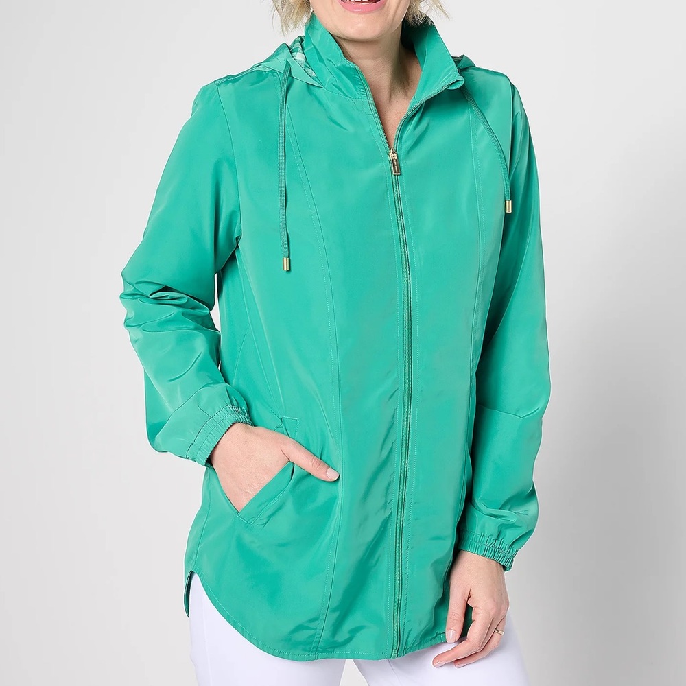 NWOT Susan Graver Hooded Windbreaker with Printed‎ Lining Emerald Green Size 1X